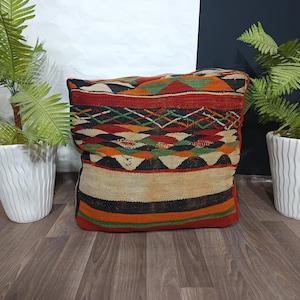 Pouf ottman Handmade Vintage Boujaad Rug, Floor Pouf 60x60 , Vintage Moroccan Ottoman, BeniOurain Square Pouf,Meditation Cushion