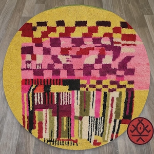 Gelber runder Teppich, bunter runder Teppich, handgefertigter Wollteppich, Berberteppich, runder Teppich aus Wolle, runder Teppich nach Maß, großer runder Teppich