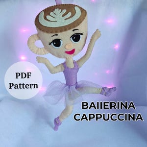 Balletcore Coffee Charm Felt Doll Pattern – Cafe Window Decor, Double Sided Sewing PDF, Poseable Legs, Keychain or Hanging Toy