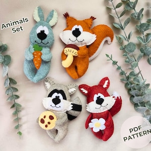 Set di modelli di cucito per animali in feltro: volpe, procione, coniglio e scoiattolo - Tutorial PDF - Giocattoli fai da te cuciti a mano