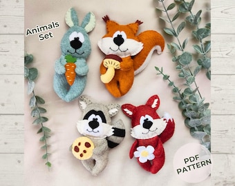 Felt Animal Sewing Pattern Set – Fox, Raccoon, Bunny & Squirrel PDF Tutorial – DIY Hand-sewn Toys
