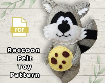 Patrón PDF de peluche de mapache, tutorial de costura de animales de fieltro, peluche del bosque, patrón de juguete DIY, descarga digital