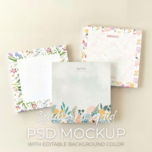 Square Notepad Set Mockup, 3 Paper Pad Mock up, Stationary Collection Mock-up Template, Sticky Note Flat Lay Showcase  (PSD Smart Object)