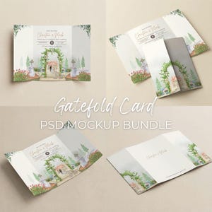May include: A mockup bundle of gatefold cards, featuring a wedding invitation design. The cards are white with a watercolor illustration of a garden scene. The text "Christina & Mark" is displayed, along with the wedding date and time.