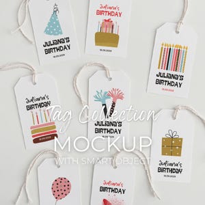 Może przedstawiać: Kolekcja białych etykiet prezentowych z urodzinowymi ilustracjami i napisem "Juliana's Birthday 18.09.2029". Projekty obejmują ciasto, czapeczkę imprezową i prezenty. Każda etykieta jest przymocowana sznurkiem.
