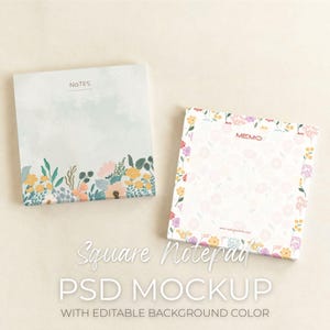 May include: Two square notepads with floral designs. One notepad has a floral border and the word "MEMO" at the top. The other notepad has a floral design at the bottom and the word "NOTES" at the top. The text "Square Notepad PSD Mockup with Editable Background Color" is at the bottom.