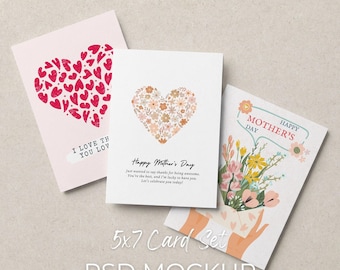 5x7 Card Set Mockup, 3 Paper Card Mock up, Stationery Collection Mock-up Template, Printable Poster Display Flat Lay (PSD Smart Object)