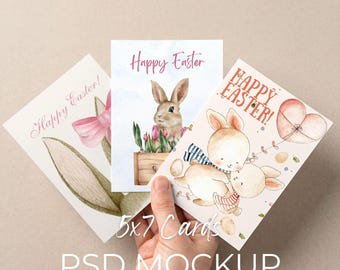 5x7 Card Mockup, 3 Greeting Cards Mock up, Postcard Collection Mock-up Template, Printable Flyer Display in Hand Showcase (PSD Smart Object)