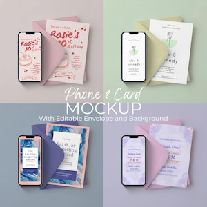 May include: A mockup featuring four smartphones displaying invitation designs, alongside matching envelopes. The invitations include birthday, wedding, and event announcements. The text "Phone & Card MOCKUP" is visible.