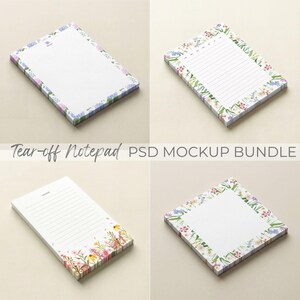 May include: Four tear-off notepads with floral borders and lined or blank pages. The notepads have a white background with colorful flowers in shades of pink, purple, and green. The text "Tear-off Notepad PSD MOCKUP BUNDLE" is displayed.