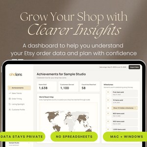 Op de afbeelding: Een digitale tablet met het ahalens-dashboard en de tekst Grow Your Shop with Clearer Insights. Het scherm toont winkelanalyses, waaronder verkochte artikelen, bediende klanten, bereikte landen, een wereldkaart en lijsten met mijlpalen.