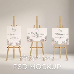 May include: Three wooden easels displaying wedding welcome signs. Each sign features the word "Welcome" in elegant script, the names "Rachel & Daniel", and floral accents. The signs are on wooden easels, perfect for a wedding or event.