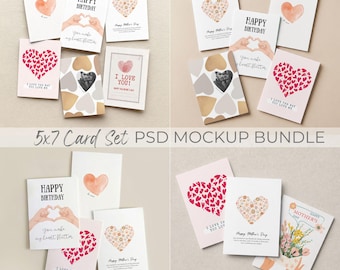 May include: A set of 5x7 cm greeting cards with diverse designs. Some cards display heart illustrations, watercolour hearts, and text including "Happy Birthday" and "I Love You." The cards are arranged on a neutral background.