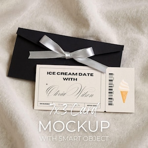 Gift ticket card mockup, Gift voucher mock up, 7x3 Gift certificate mock-up, Event ticket template, Surprise Ticket display PSD smart object
