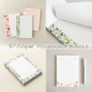 May include: A collection of 5x7 inch notepads with various floral and fruit designs. One notepad features a strawberry pattern, another has a green leaf border, and a third is a to-do list. The image also shows a notepad with a floral border and a notepad with a pen.