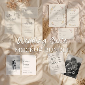 Può includere: Una collezione di mockup di cancelleria per matrimoni, tra cui inviti, biglietti RSVP e annunci di salvataggio della data. I design presentano un'elegante tipografia e accenti floreali. Il testo include nomi, date e frasi come "Wedding Suite".