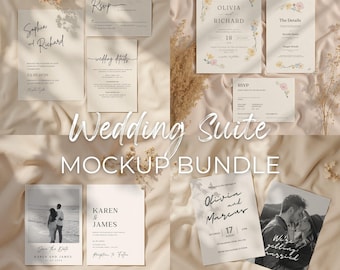 Invitation Suite Mockup Bundle: 5x7" Card, 4x6" Wedding detail, 5x3.5" RSVP (PSD Smart Object)