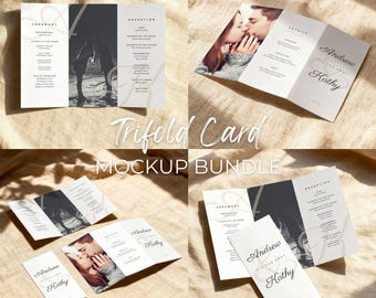 Puede incluir: Un paquete de maquetas de tarjetas trípticas, con diseños de invitaciones de boda. Las tarjetas muestran detalles de la ceremonia y la recepción, junto con una foto de una pareja. El texto "Trifold Card Mockup Bundle" es visible.