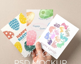 A6 Card Mockup, 3 Greeting Cards Mock up, Postcard Collection Mock-up Template, Printable Flyer Display in Hand Showcase (PSD Smart Object)