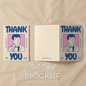 May include: A mockup of a 5x7 inch folded card with the words "THANK YOU" in blue. The card features an illustration of a person holding a mug. The website address is visible on the card.