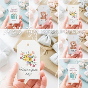 May include: A mockup bundle of gift tags, each 2 x 3.5 inches. The tags feature various designs, including a teddy bear, floral arrangements, and gift boxes. Some tags have text that reads "Rachelle's Birthday," "Thank You For Coming," and "Have a good day!"