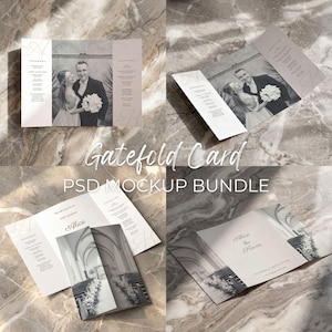 Gatefold Card Mockup Bundle, A4 Gate Fold Wedding Invitation Mock Up Set, Trifold Invite Mock-up Template Flat lay Display (PSD Smart Object