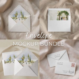 May include: A mockup bundle of white envelopes with watercolor illustrations. Some envelopes are open, revealing the artwork inside. The text "Envelope Mockup Bundle" is displayed in a script font. The envelopes feature wedding-themed designs.