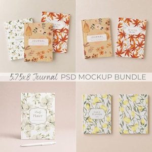 May include: A collection of journals and notebooks with floral and autumn-themed designs. The journals feature the words "Journal" and "Daily Planner". The notebooks are 5.75 x 8 inches. The image also includes the text "5.75x8 Journal PSD MOCKUP BUNDLE".