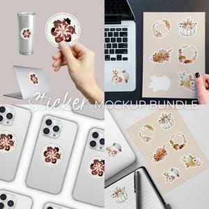 Può includere: Un pacchetto di mockup di adesivi con vari design. Include adesivi con un design floreale e il testo "GIRL POWER". Sono mostrati anche adesivi con un design di zucca e ghirlanda floreale. Gli adesivi sono esposti su un laptop, telefono, bicchiere e carta.