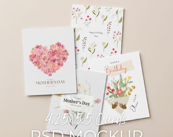 4.25x5.5 Card Set Mockup, 4 US A2 Note Card Mock up, Stationery Collection Template, Printable Poster Display Flat Lay (PSD Smart Object)