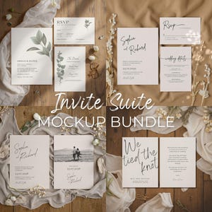 May include: A collection of wedding invitation cards, including RSVP, details, and announcement cards. The cards are white with elegant calligraphy and botanical accents. The text "Invite Suite Mockup Bundle" is displayed.