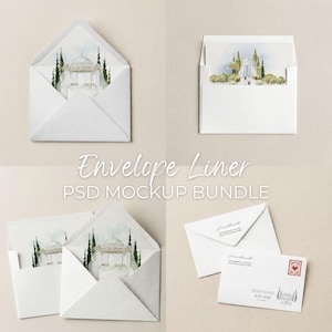 Minimalist Envelope Mockup Bundle: Envelope liner, Wedding stationery, Euro flap & Square flap Envelope insert (PSD Smart Object)