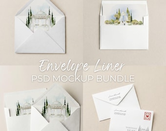 Minimalist Envelope Mockup Bundle: Envelope liner, Wedding stationery, Euro flap & Square flap Envelope insert (PSD Smart Object)