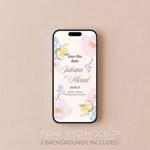 May include: A smartphone mockup with a floral wedding invitation design. The screen displays "Save the date" with names "Juliana & Murad" and event details. Pink, yellow, and blue flowers decorate the invitation. The phone is on a neutral background.