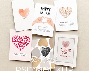 5x7 Card Mockup, 6 Greeting Card Mock up, Postcard Collection Mock-up Template, Printable Poster Flat Lay Showcase (PSD Smart Object)