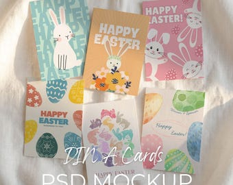 A6 Card Mockup, 6 Greeting Cards Mock up, Postcard Collection Mock-up Template, Printable Flyer Display Flat Lay Showcase (PSD Smart Object)