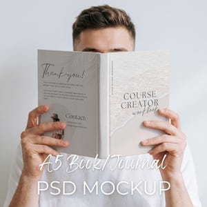 May include: An open A5 book mockup featuring a beige and white cover with the text Course Creator Workbook by Olivia Wilson Workshops. The left page displays Thank you and Contact information with a small circular image of a person in a hat.