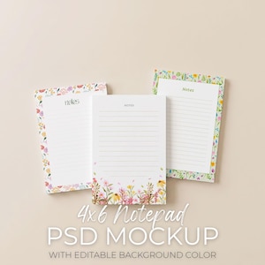 May include: Three white notepads with lined pages and floral borders. The notepads have the words "notes" printed on them. The bottom notepad has a floral design at the bottom. The image also includes the text "4x6 Notepad PSD Mockup".