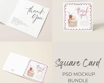 Square Card Mockup Bundle, Folded Invitation Display (PSD Smart Object)