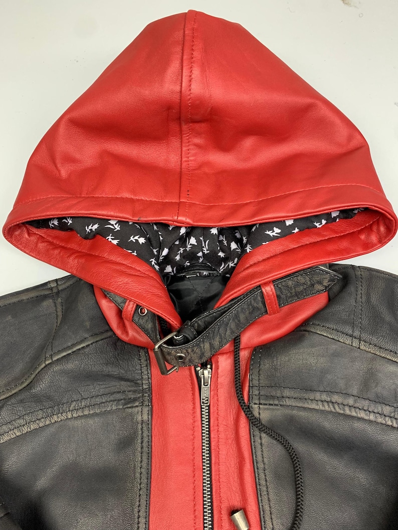 Red Hood Leather Jacket Arkham City Cosplay – Jason Todd Biker Hooded Jacket – Gaming Costume, Halloween Outfit, Gift for Gamers