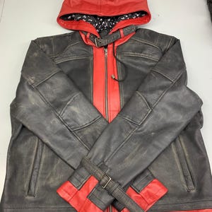 Red Hood Leather Jacket Arkham City Cosplay – Jason Todd Biker Hooded Jacket – Gaming Costume, Halloween Outfit, Gift for Gamers