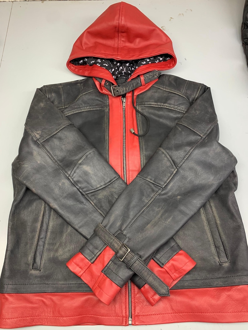 Red Hood Leather Jacket Arkham City Cosplay – Jason Todd Biker Hooded Jacket – Gaming Costume, Halloween Outfit, Gift for Gamers