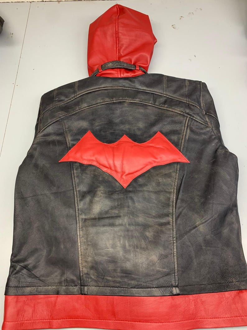 Red Hood Leather Jacket Arkham City Cosplay – Jason Todd Biker Hooded Jacket – Gaming Costume, Halloween Outfit, Gift for Gamers