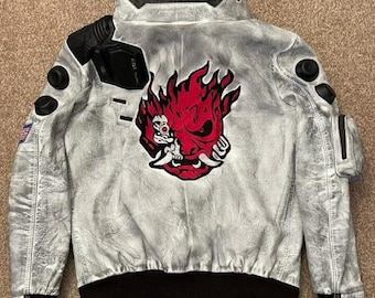 Cyber n punk 2077 LED Collar Distressed Jacket | Samurai Gaming Bomber Jacket | Leather Cosplay Costume for Men | Punk Halloween Outfit