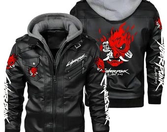 Custom Made Cyber punk 2077 Samurai Hooded Jacket | Black Leather Biker Cosplay Coat | Handmade Gaming Jacket for Men