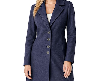 Handmade Blue Wool Coat: Women's Vintage Retro Long Jacket