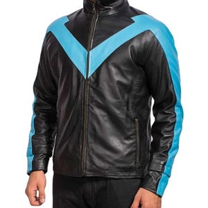 Night Inspired Blue Stripe Leather Jacket | wings Cosplay Costume | Mens Dark City Superhero Black Jacket | Handmade Cosplay Gear