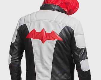 Jason inspiriert rote Kapuze Lederjacke | Arkham City Gaming Cosplay Mantel