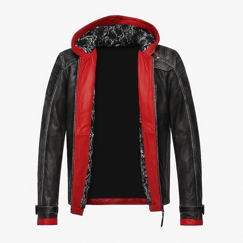 Red Hood Leather Jacket Arkham City Cosplay – Jason Todd Biker Hooded Jacket – Gaming Costume, Halloween Outfit, Gift for Gamers