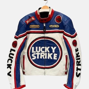 Veste en cuir porte-bonheur, veste motard Racing StrikeBlue, veste en cuir vintage, streetwear racing, cadeau fait main pour lui